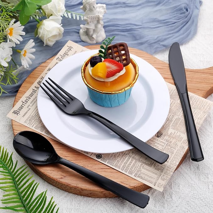 EI 360pcs Black Plastic Silverware,Disposable Cutlery,Plastic Silverware Heavy Duty,Plastic Spoons and Forks include 120pcs Forks,120pcs Spoons and 120pcs Knives,for Holiday, Birthday, Party
