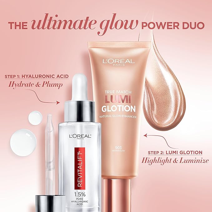 L'Oreal Paris Revitalift 1.5% Pure Hyaluronic Acid Face Serum 1.0 oz + True Match Lumi Glotion Natural Glow Enhancer Lotion, Medium 1.35 fl. oz, 1 kit-BrightBean Baby