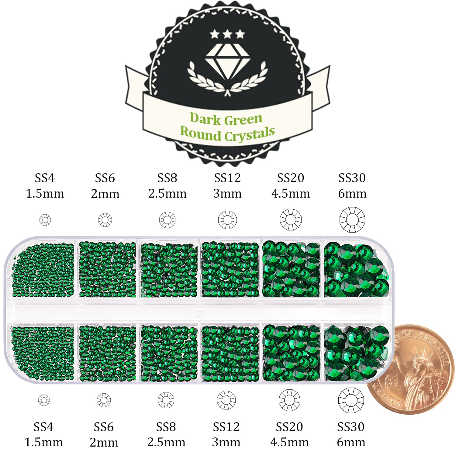 One Pack 2000 Pcs of Flatback Round Dark Green Rhinestones 6 Sizes (1.5-6 mm) with Nail Art Rhinestone Picker Pencil and Tweezers for DIY and Salon Use-BrightBean Baby