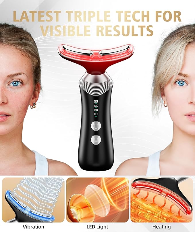 9-in-1 Red-Light-Therapy-for-Face-and-Neck, Portable Facial Massager Tool with Adjustable Vibration & Thermals for Wrinkles, Double Chin, Black-BrightBean Baby