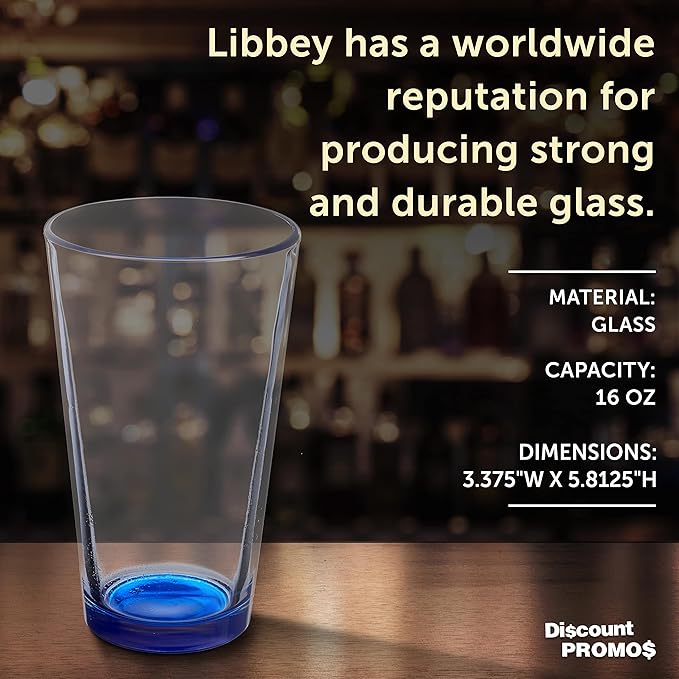 Libbey Pint Glass 16 oz. Set of 10, Bulk Pack - Beer Glasses, Heavy Duty Drinkware - Blue
