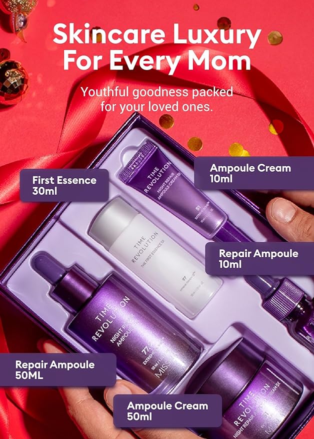 MISSHA Time Revolution Night Repair 5X Gift Set Night Repair Ampoule and Cream 5X, The First Essence 5X for Youthful, Glowing Skin-BrightBean Baby
