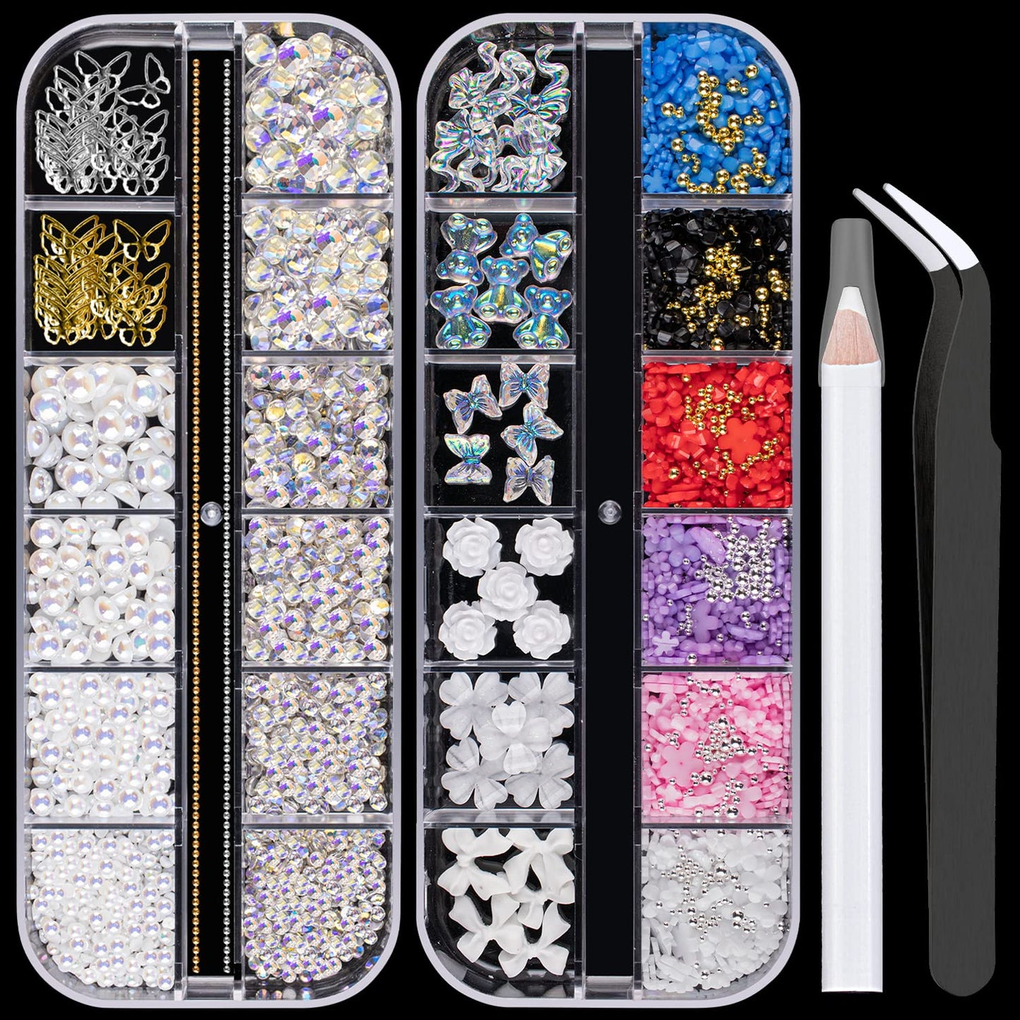 Mixed 3D Nail Art Gem Decoration Accessories Kit #11, Aurora Bear Bow Butterfly Starry AB Rhinestone Charm Jewelry for Deco, Pearl Flower Caviar Bead Stone Crystal with Pickup Pencil and Tweezer-BrightBean Baby