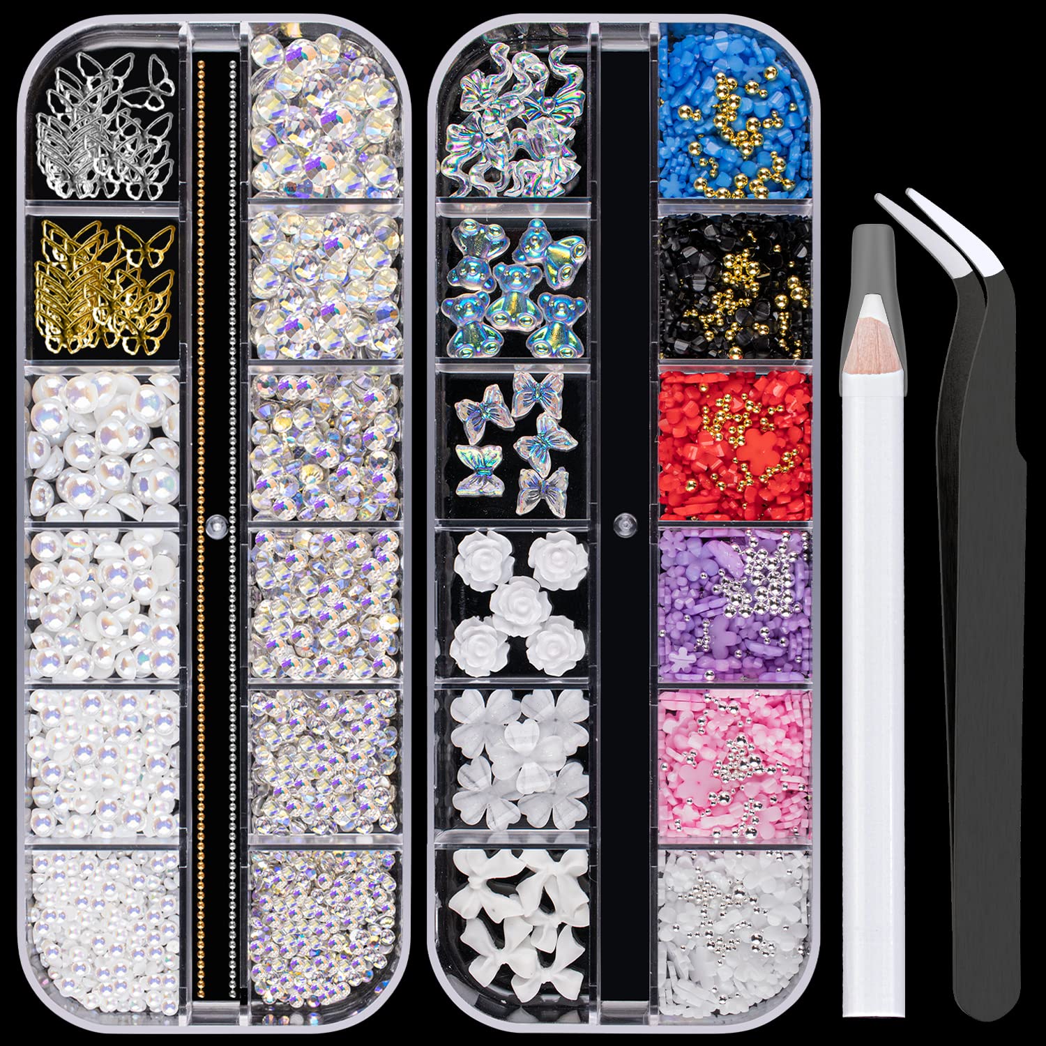 Mixed 3D Nail Art Gem Decoration Accessories Kit #11, Aurora Bear Bow Butterfly Starry AB Rhinestone Charm Jewelry for Deco, Pearl Flower Caviar Bead Stone Crystal with Pickup Pencil and Tweezer-BrightBean Baby