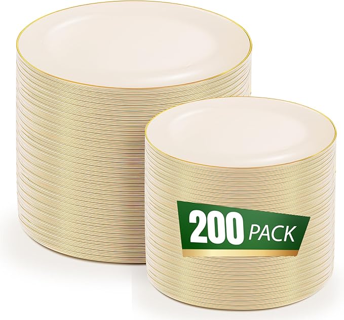 bUCLA 200PCS Ivory Plastic Plates with Gold Rim - Heavy Duty Cream Disposable Include 100 Dinner 10 inch & 100 Dessert 7 inch Plates, Ideal for Party & Thanksgiving