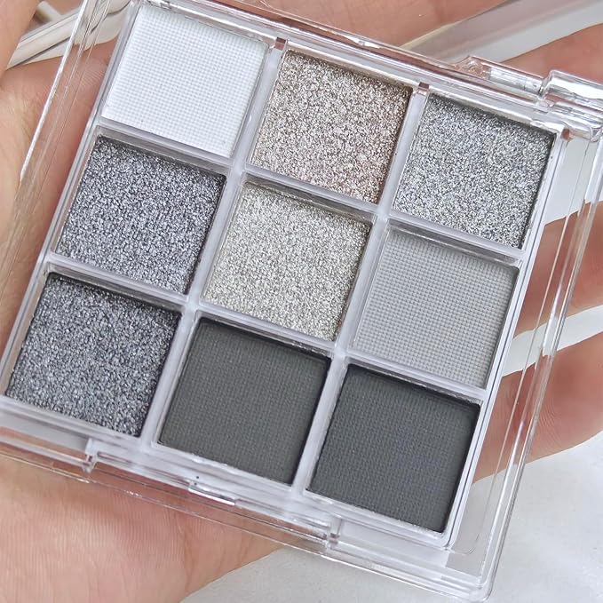 Erinde Black Smokey Gray Silver Eyeshadow Palette, 9 Colors Matte Shimmer Glitter Eye Shadow Makeup Pallet, Highly Pigmented Long Lasting Waterproof, Natural Neutral Shiny Eyeshadow Make Up Palette-BrightBean Baby