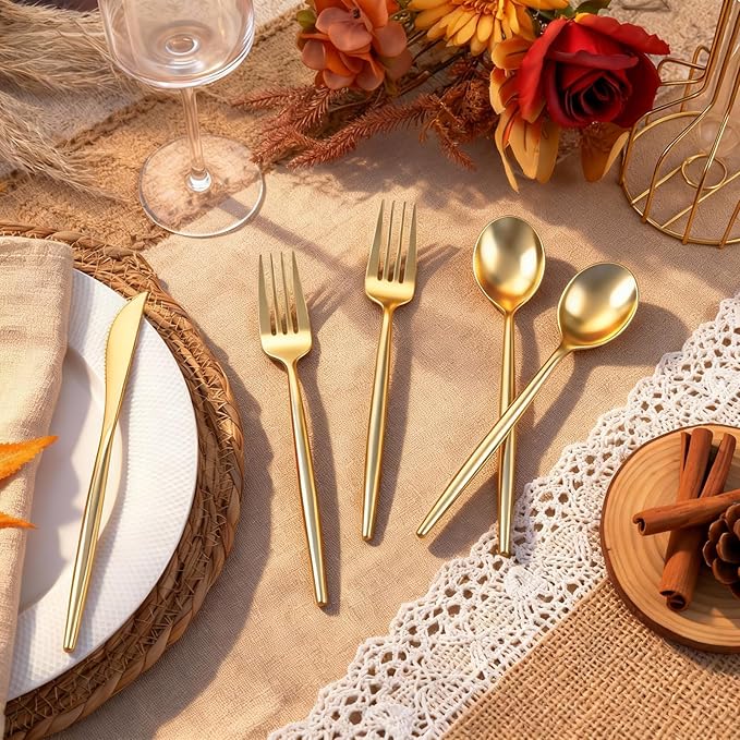 Rubtlamp 180Pcs Gold Plastic Silverware,Luxury Gold Plastic Cutlery,Heavy duty Golden Disposable Flatware, Utensils Set Disposable Include 60Gold Forks,60Gold Spoons,60Plastic Knives for Party,Wedding