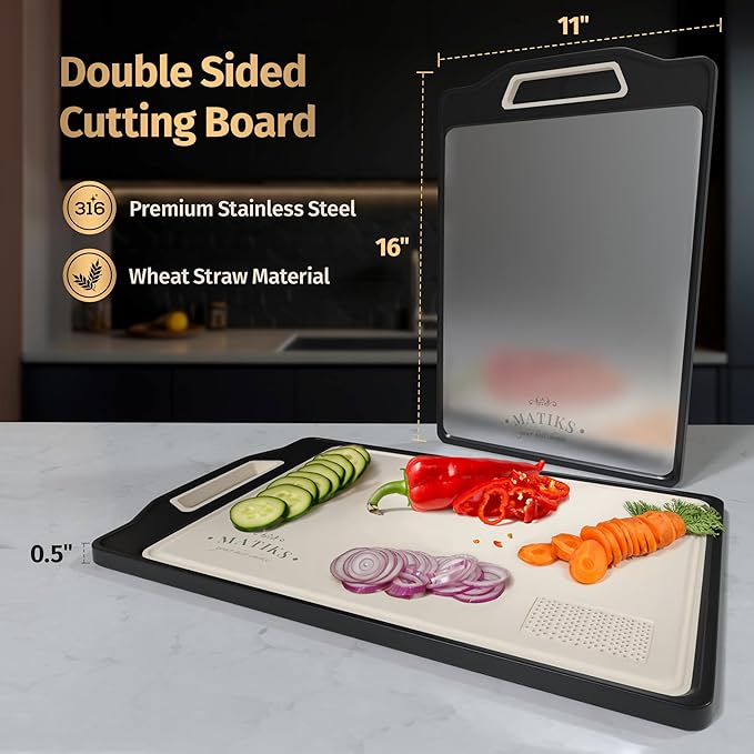 Matiks Stainless Steel Cutting Board Set - 16”×11” Large Double Sided Dishwasher Safe Metal Cutting Board for Kitchen – Ideal for Chopping Meat & Veggies - Christmas Gift & Housewarming Gifts New Home