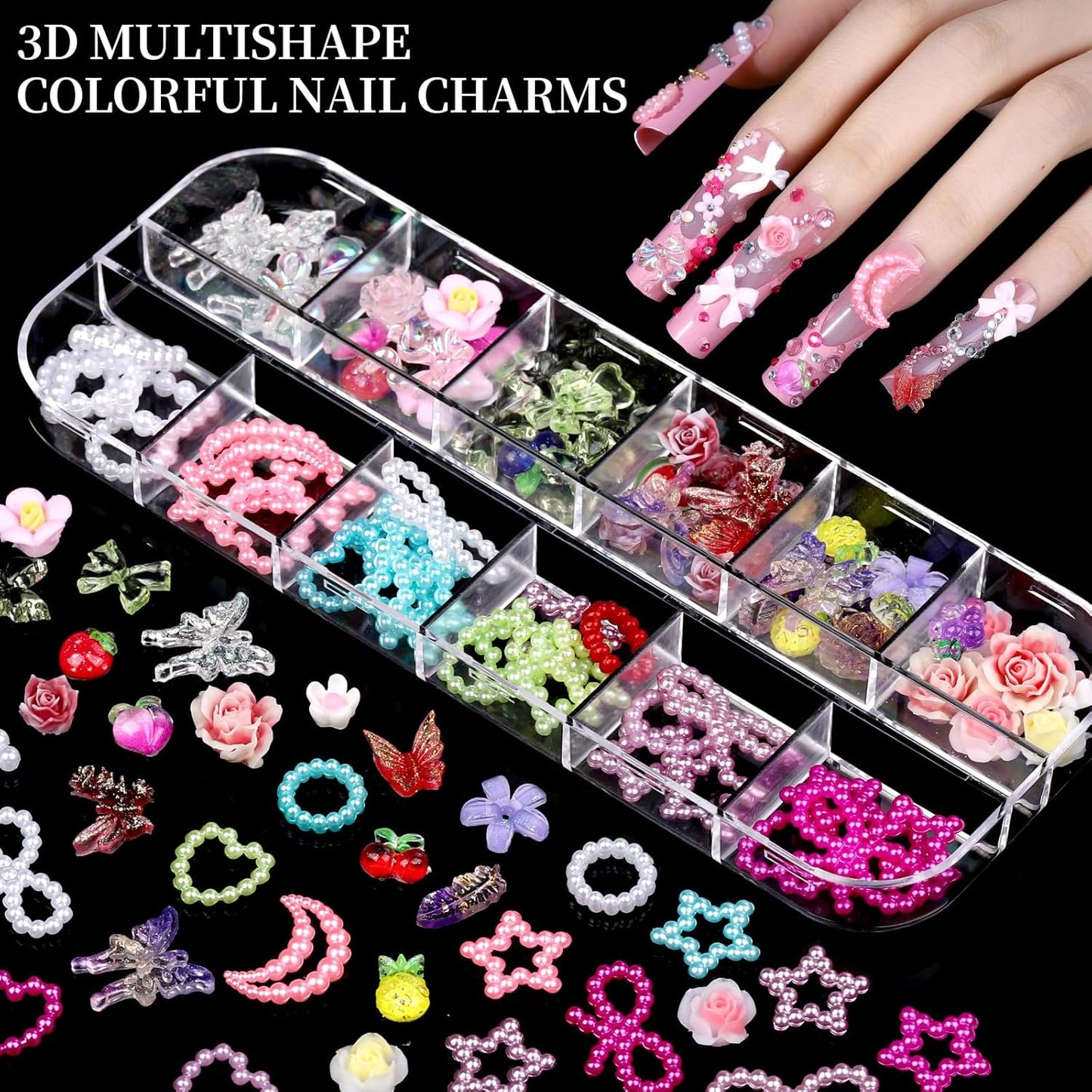 FANDAMEI Nail Charms, 8-Box Nail Charms and Gems, Fruit Bow Hawaii Flowers Petals 3D Nail Art Charms Bulk, Colorful Bubble Beads Nail Rhinestones, Gold Studs Flatback Nail Pearls for DIY-BrightBean Baby