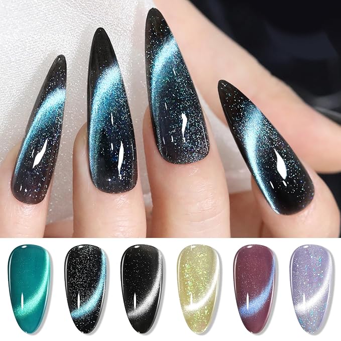 Born Pretty Cat Magnetic Eye Gel Nail Polish, 6 Colors 9D Magnetic Glitter Gel Polish Set Black Blue Purple Green Nail Polish Kit Soak Off LED Nail Art DIY Salon Gift-BrightBean Baby