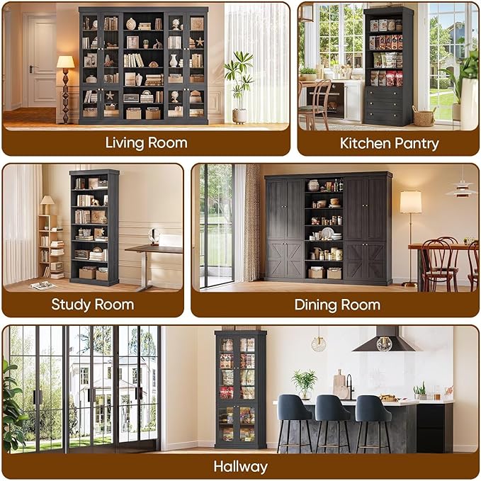 70.8" Tall Black Bookshelf with Glass Doors, Farmhouse Modular Bookcase with 6-Tier Adjustable Shelves, Large Storage Cabinet for Home Office, Living Room, Set of 4