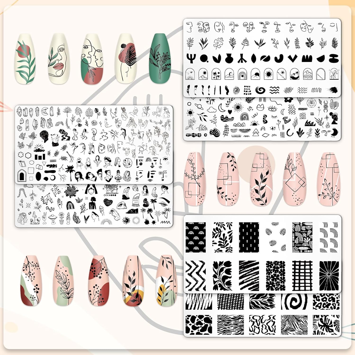Whaline 6Pcs Abstract Lady Face Nail Plates Stamping Set Boho Plant Stamp Templates Nail Art Plates for DIY Print Manicure Salon Design Gift Supplies-BrightBean Baby