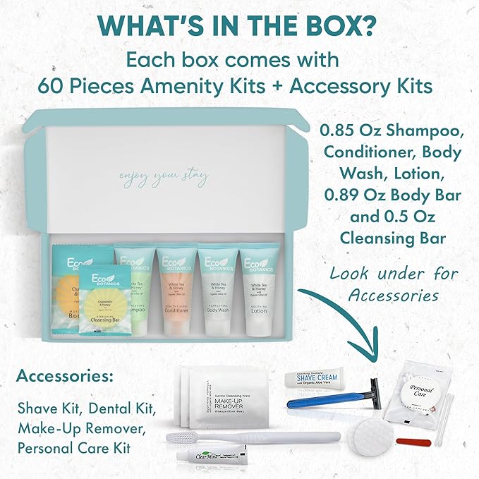 Eco Botanics Amenity & Accessory Kit | 0.85 oz Travel Size Shampoo, Conditioner, Lotion, Body Wash, Soap Bar, Shave & Dental Sets, Make-Up Remover Wipes, & Vanity Kit | 60 sets per case-BrightBean Baby