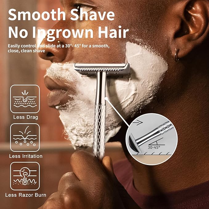 Shiny Silver Double Edge Safety Razor, Single Blade Razors for Men and Women, with 10 Stainless Steel Safety Razor Blades, Reusable, Smooth and Close Wet Shaving Kit, Plastic Free-BrightBean Baby