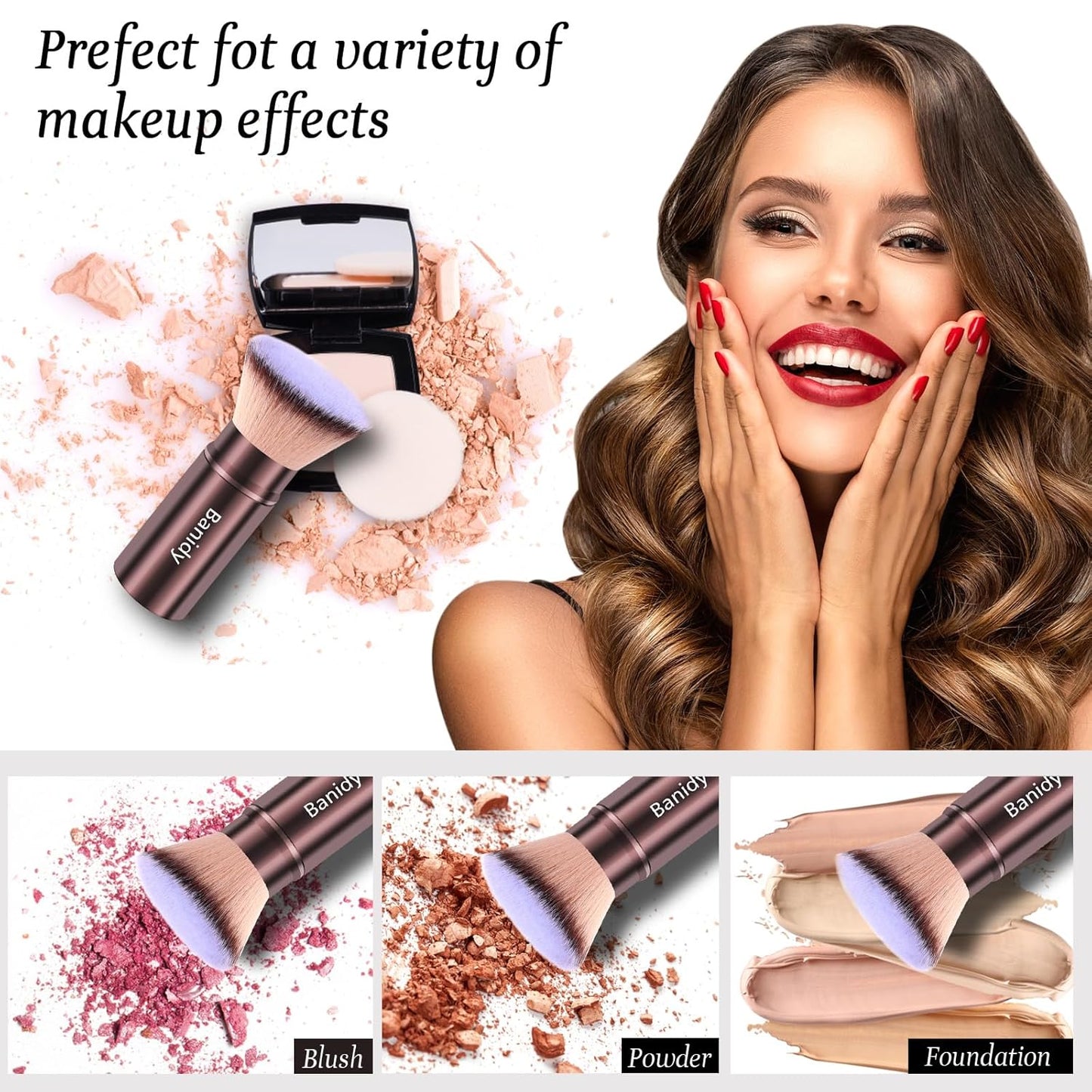 Makeup Brush Kabuki Face Brushes Retractable Travel Blush Brush Portable Flawless for Foundation, Powder Blush, Bronzer, Buffing, Liquid, Cream, Cruelty Free with Cover(Flat-Head)-BrightBean Baby