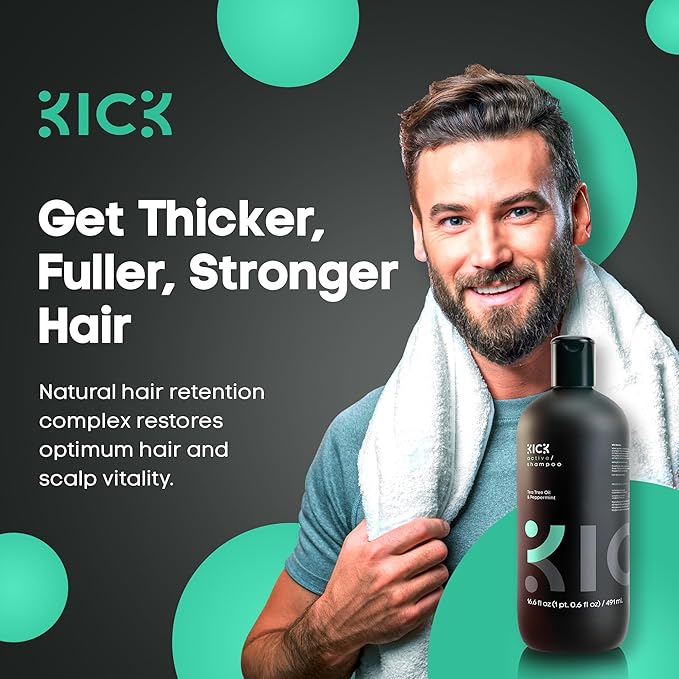 Kick Mens Shampoo - Peppermint & Tea Tree for Oil Control - Sulfate-Free, Refreshing Formula - Anti-Dandruff and Scalp Soothing - Shampoo for Oily Hair - Cruelty-Free - 16.6oz-BrightBean Baby