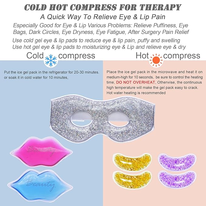 Ice Under Eye Patches Eye Mask Lip Care Gel Pads Treatment Mask Lip Mask, Cooling Eye Lip Gel Masks Cold Hot Therapy for Wrinkles Firming Swelling Cosmetic Bruising Reusable 7 Pack-BrightBean Baby