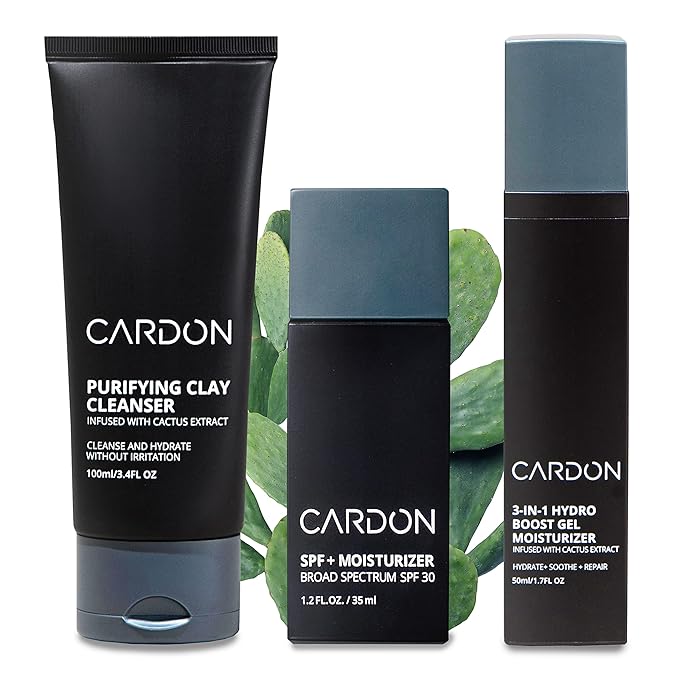 Cardon Cactus-Based Men's Skincare Set | Premium Korean Skincare for Sensitive Skin and Oily Skin | Water-based Face Moisturizer with SPF 30, Gentle Face Wash, Repairing Night Cream with Vitamin E-BrightBean Baby