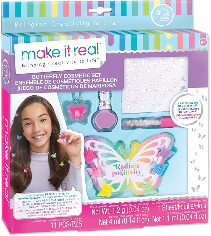 Make It Real: Butterfly Dreams Cosmetic Set - 11 Pieces, Tweens & Girls, Includes 6 Butterfly Hair Clips, Polish, Nail Stickers, 2 Lip Gloss & Instructions, Butterflies, Makeup & Beauty, Kids Ages 8+-BrightBean Baby