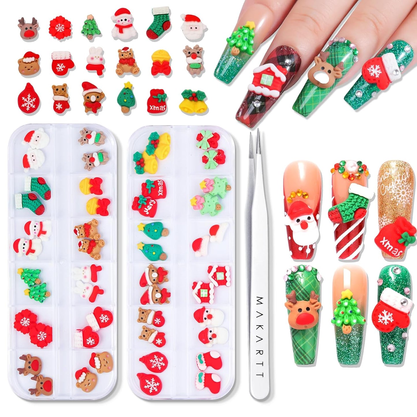 Makartt Christmas Decorations Gift Set: 48PCS 3D Nail Charms with Cartoon Santa, Elk, Tree, Bells for Women, Includes Art Tweezer, Acrylic Accessories for Nails Techs and DIY-BrightBean Baby