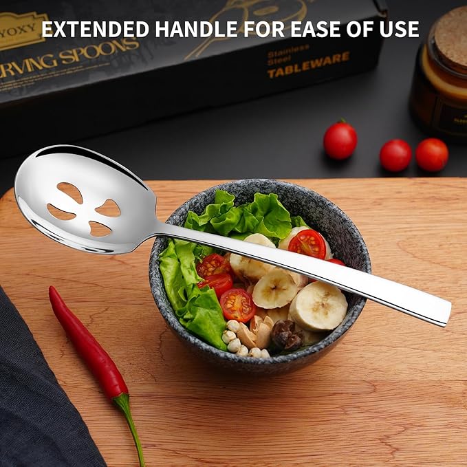 6 Piece Stainless Steel Serving Spoons Set - 3 Large, 3 Slotted, 9.2-Inch, Dishwasher Safe, for Parties/Kitchen/Buffet/Catering