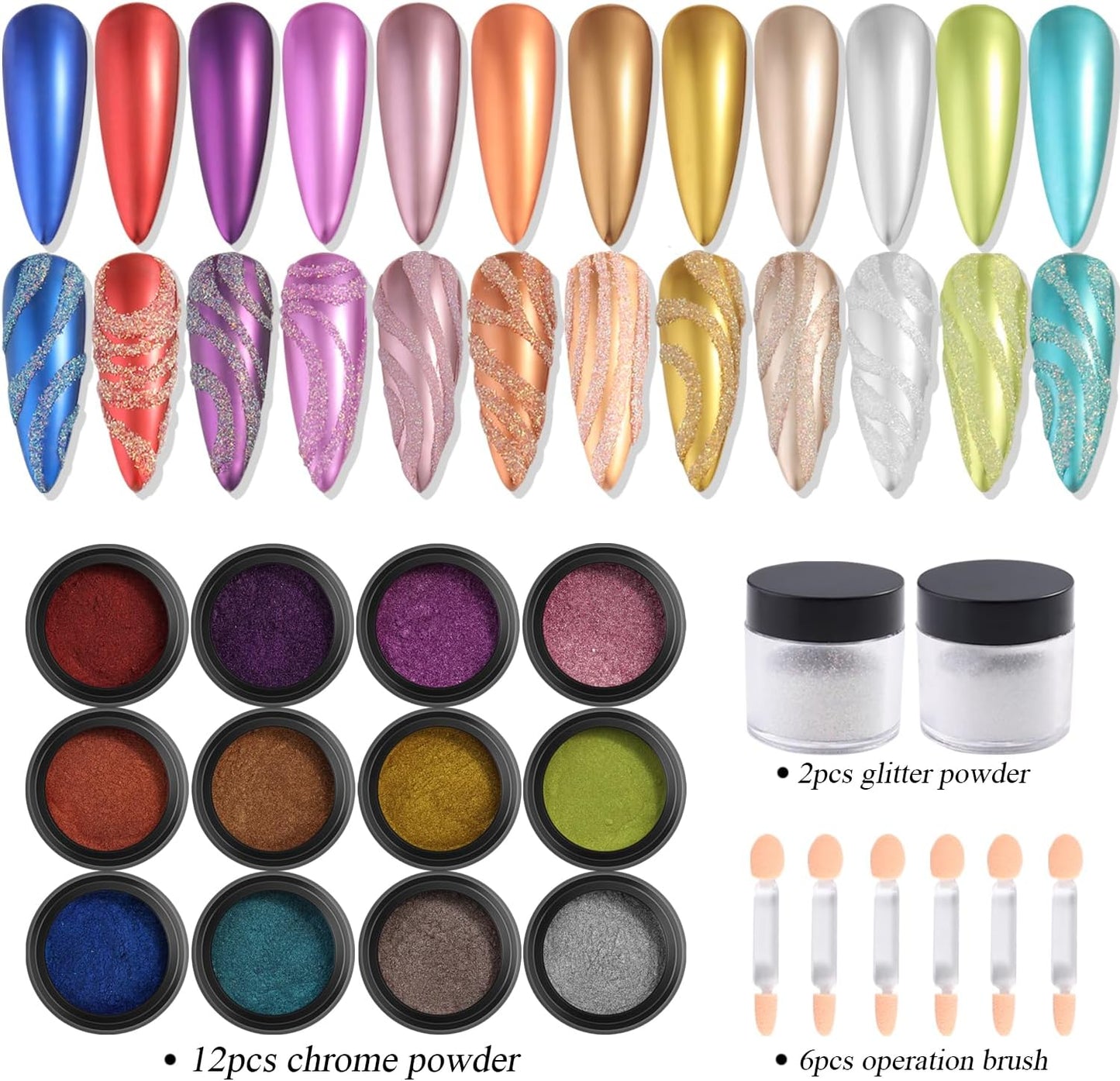 Chrome Nail Powder Set 12 Colors Gold Silver Bronze Chrome Powder for Nails Metallic Nail Glitter Red Green Blue Mirror Rub Pigment with 2PCS Extra Fine White Sugar Powder Nail Design-BrightBean Baby