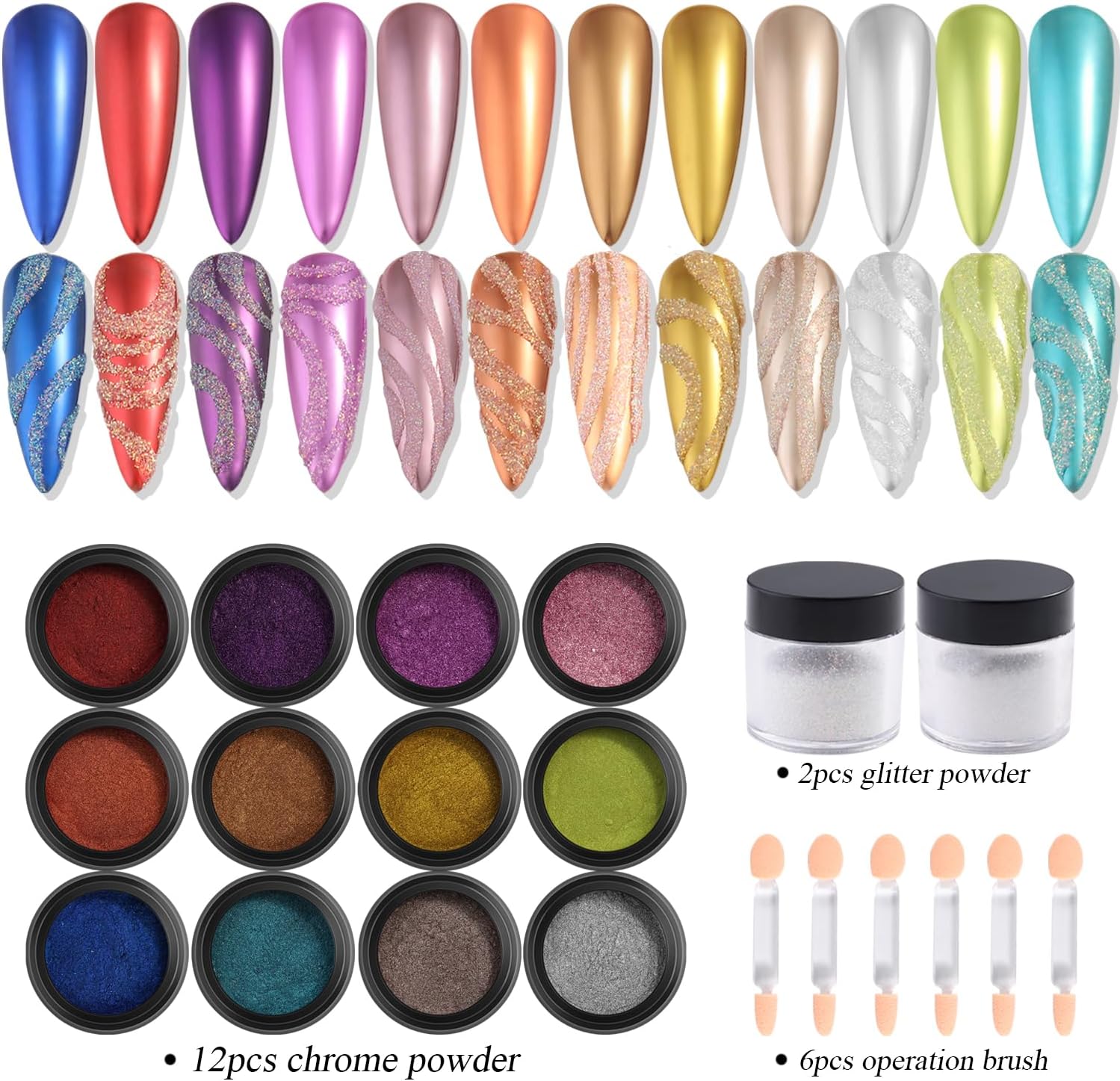 Chrome Nail Powder Set 12 Colors Gold Silver Bronze Chrome Powder for Nails Metallic Nail Glitter Red Green Blue Mirror Rub Pigment with 2PCS Extra Fine White Sugar Powder Nail Design-BrightBean Baby