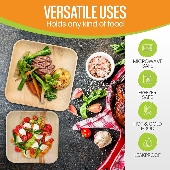 Raj Palm Leaf Plates Bulk [50-Pack] 10" & 7" Square Plates (3 CASES - 150 PACK) like Bamboo plates Disposable, Strong, Decorative Compostable Tableware for weddings, Lunch, Dinners etc