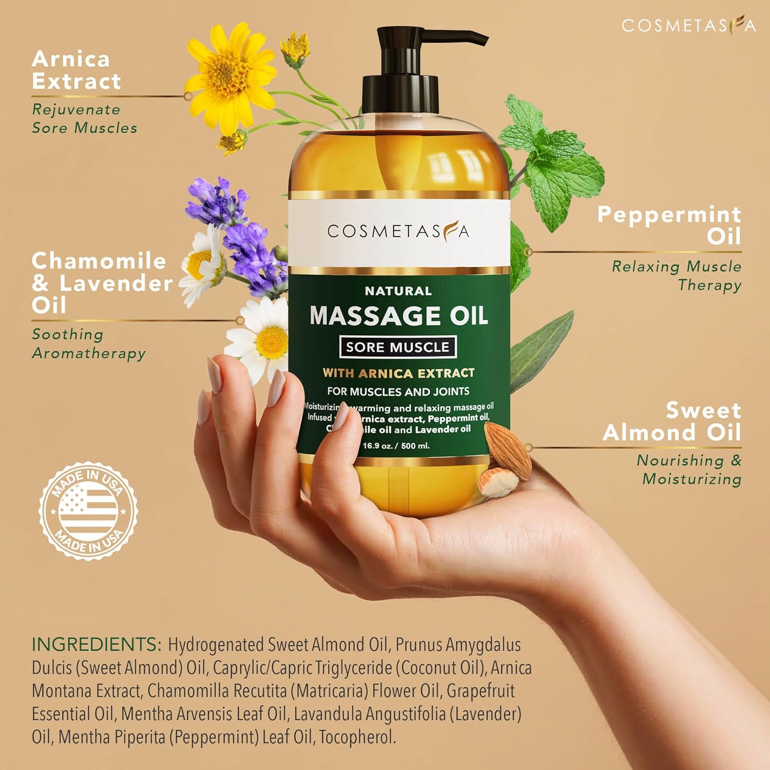 Cosmetasa Sore Muscle Massage Oil for Massage Therapy – All Natural, Cruelty-Free Full Body Massage Oils for Muscle Relaxing & Joint Comfort – Arnica Extract with Chamomile & Lavender Oil (16.9 oz)-BrightBean Baby