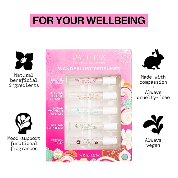 Pacifica Beauty, Wanderlust Spray Perfume Trial Set, Island Vanilla, 5 Scents, Fragrance Sampler Gift Set, Natural & Essential Oils, Clean, Vegan & Cruelty Free-BrightBean Baby