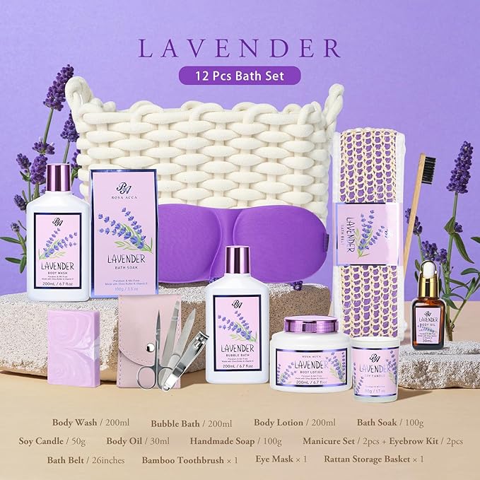 Bath and Body Gift For Women and Men - Lavender Home Spa Gift Set,Mug,Shower Gel,Bubble Bath,Lotion,Bath Bombs,Eye Mask,Manucure Set, Bath Belt, Body Oil,Bath Soak,Lip Balm,Soy Candle For Daily Use-BrightBean Baby