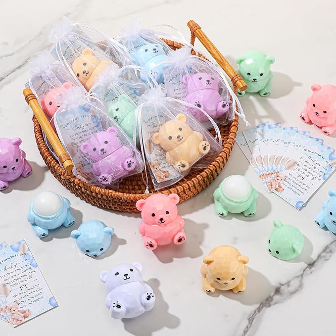 24 Sets Baby Shower Bear Lip Balm Favors Bear Lip Care Transparent Lipstick with Gift Bags and Thank You Cards for Baby Shower Gender Reveal Favors Decorations Gift Supplies-BrightBean Baby