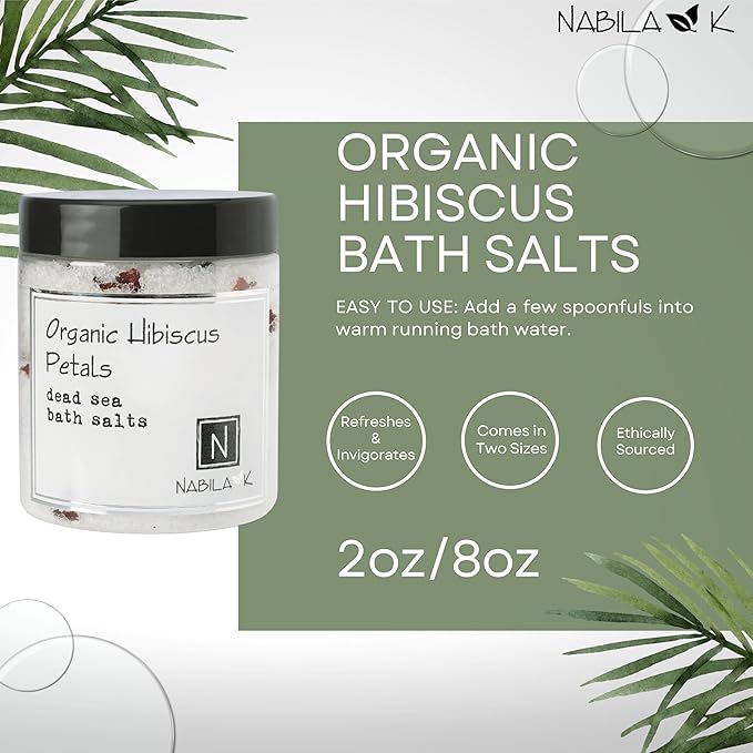 Organic Hibiscus Petals Bath Salts by Nabila K - Dead Sea Salt & Epsom Salt Scrub & Soak - Exfoliates & Hydrates Skin, Botanical Essential Oils - Bubble Bath Accessories for All Skins Types, 8 oz-BrightBean Baby