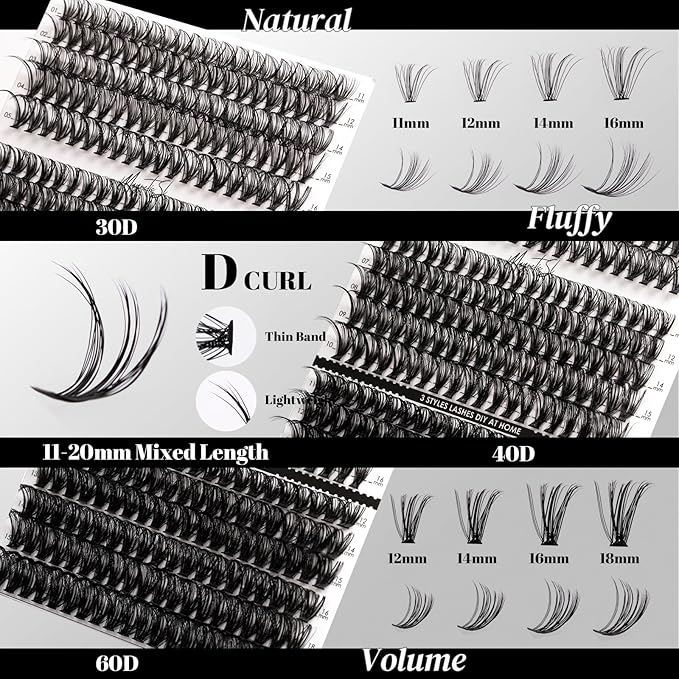 DIY Lash Extensions Kit 320pcs Individual Lashes Clusters 30D 40D 60D D Curl Eyelash Extension Kit with Applicator and Lash Bond&Seal, Lash Remover For False Eyelash Mix 11-20mm (30D+40D+60D KIT)-BrightBean Baby
