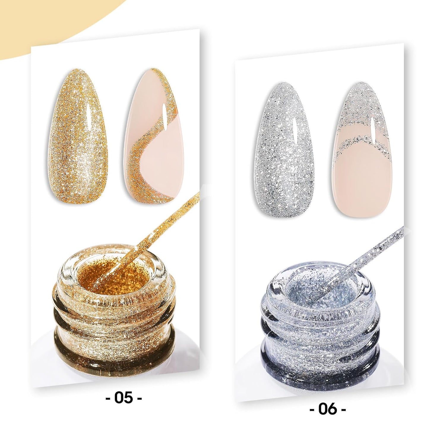 GELLEN Gold Silver Liner Gel Nail Polish, 2Pcs 10ml Soak off Uv Lamp Glitter Nail Art Polish Set with Built Thin Brush, Gel Art Paint for Sparkly Shiny Swirl Nails, Christmas Diy Gift for Women Girls-BrightBean Baby