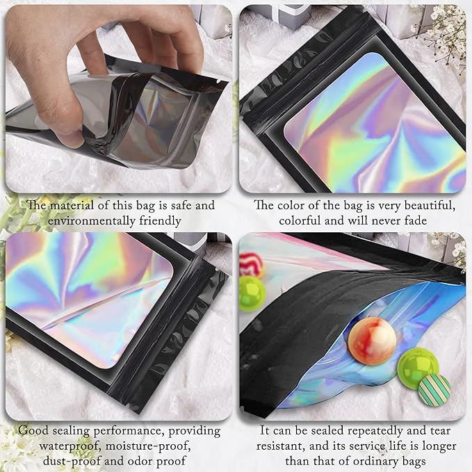 100 Pieces Smell Proof Mylar Bags, Holographic Packaging Bags, Resealable Odor Foil Pouch Zipper Bag with Clear Window for Food Storage and Lipgloss, Jewelry Lash (Black, 4 x 6 Inch)-BrightBean Baby
