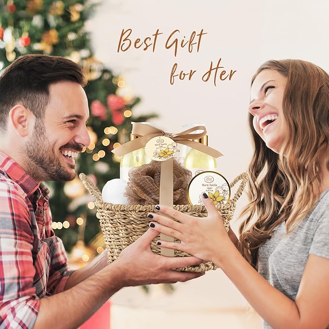 Bath and Body Warm Vanilla Sugar Spa Gifts for Women, with Shower Gel, Bubble Bath, Body Lotion, Bath Bomb, Bath Salt, Spa Basket Gift Set for Women, 7pcs Set Gifts-BrightBean Baby