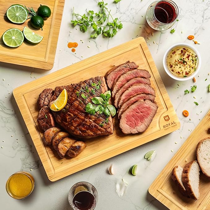 ROYAL CRAFT WOOD Wooden Cutting Boards for Kitchen Meal Prep & Serving - Bamboo Wood Serving Board Set with Deep Juice Groove Side Handles - Charcuterie & Chopping Butcher Block for Meat