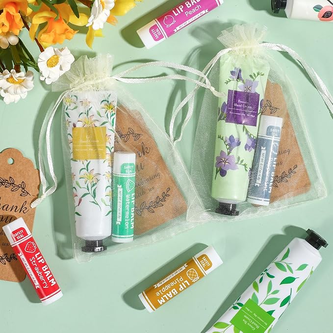 AZEN 50 Sets Hand Cream Bulk and Lip Balm Bulk Set, Bridal Shower Gifts for Guests, Thank You Gifts for Coworkers Women Men with Organza Bag Thank You Card, Bridal Wedding Favors for Guests-BrightBean Baby