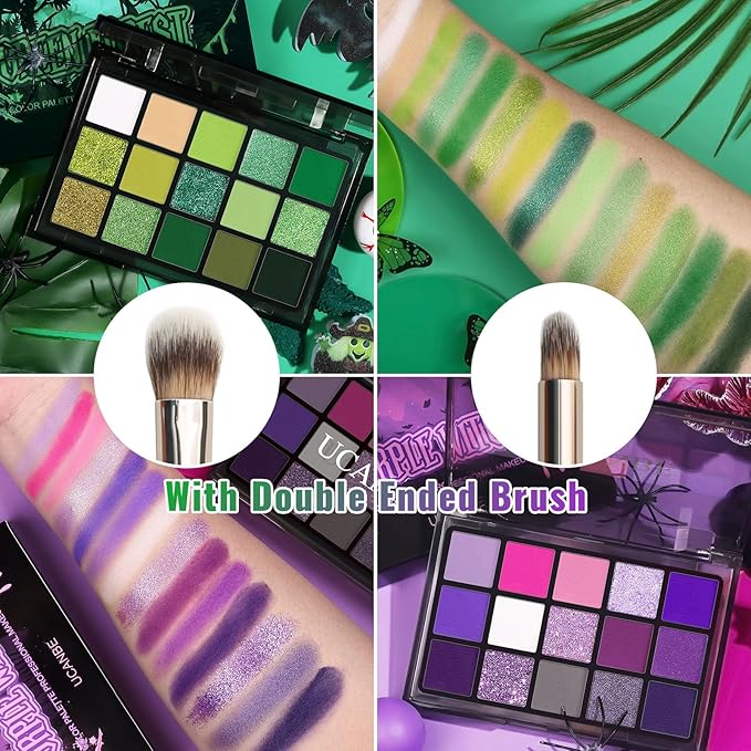 UCANBE 2pcs Eyeshadow Palette Makeup Set, Green Purple Color Shimmer Matte Metallic Eye Shadow Pallet with Soft Brush Eye Make Up Kit for Halloween Cosplay Costume Beetlejuice Medusa Poison Ivy Ursula-BrightBean Baby