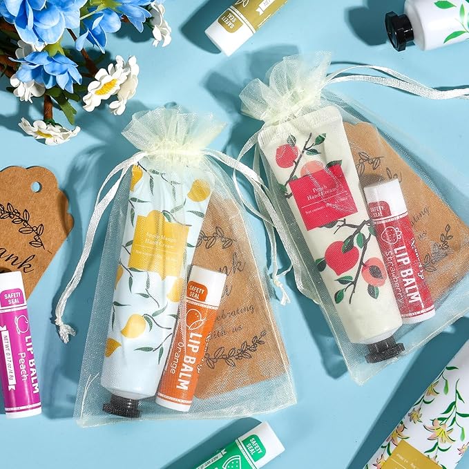 AZEN 24 Sets Hand Cream Bulk and Lip Balm Bulk Set, Bridal Shower Gifts for Guests, Thank You Gifts for Coworkers Women Men with Organza Bag Thank You Card, Bridal Wedding Favors for Guests-BrightBean Baby