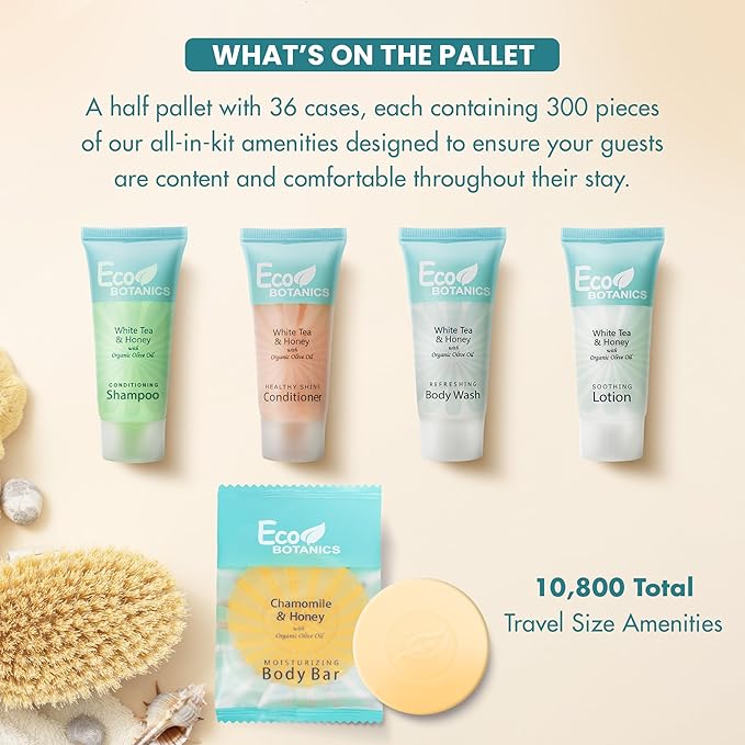 Eco Botanics Hotel Soaps & Toiletries Bulk Set | 0.85oz Hotel Shampoo & Conditioner, Body Wash, Body Lotion & Bar Soap Travel Size | Half Pallet, 36 cases with 300 units each - 10,800 pieces-BrightBean Baby