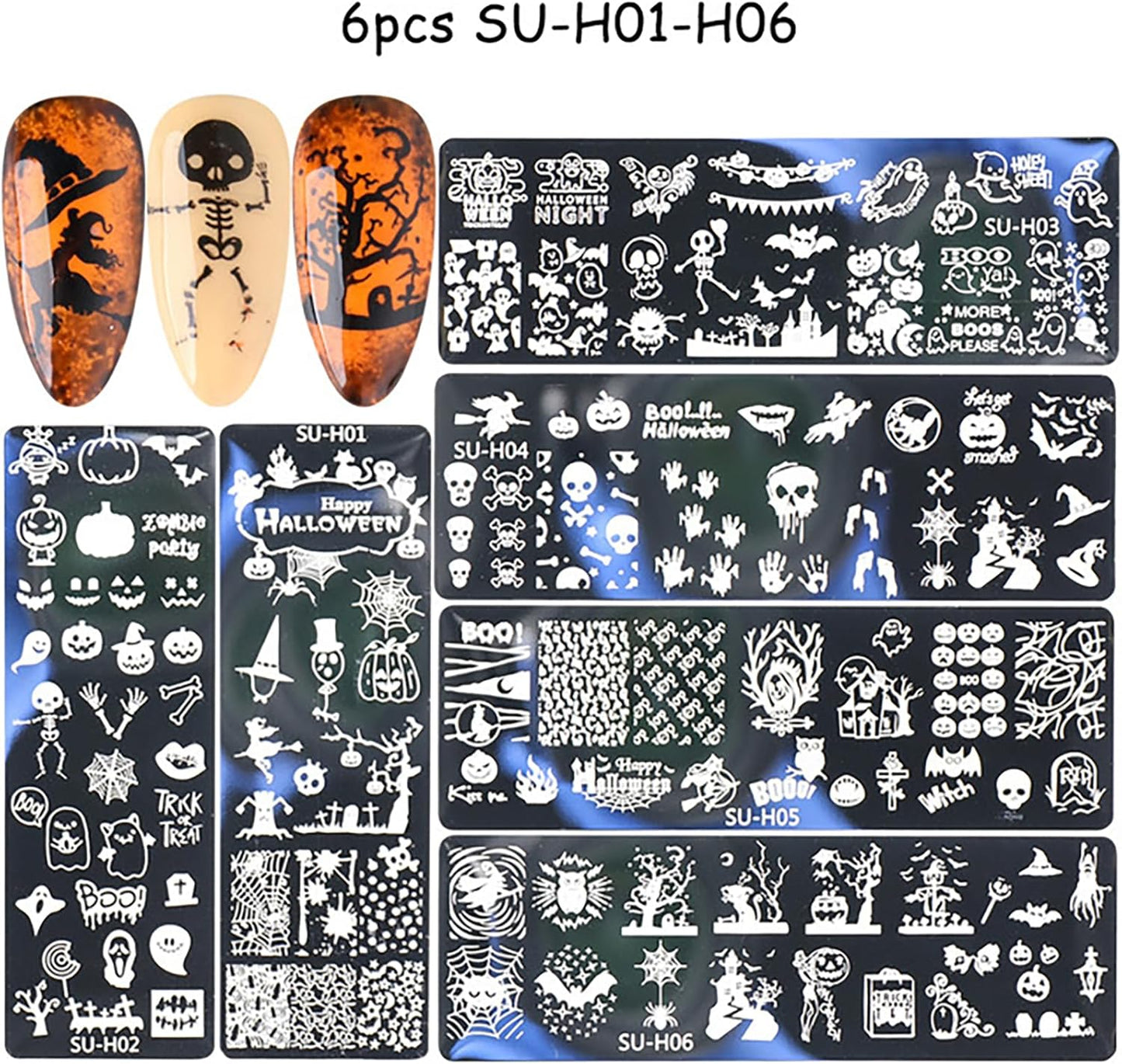 Halloween Nail Stamping Plate Art Stamping Kits DIY Printing Tools with Pumpkin Bat Witch Spider Owl Ghost Face Design Fashion Nail Stamp Art Decoration for Women 6Pcs-BrightBean Baby