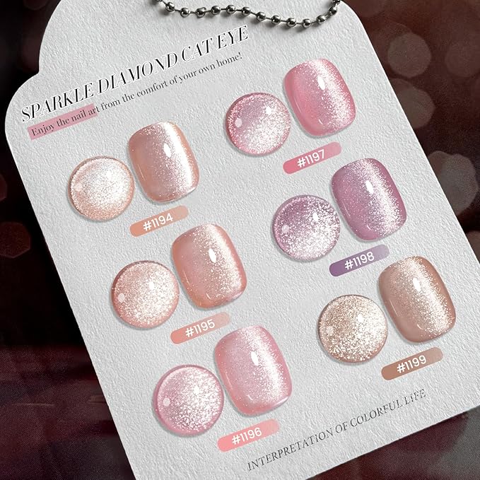 RARJSM Nude Cat Eye Gel Polish Set 6 Pcs Sparkle Diamond Glitter Sheer Purple Soft Pink Chanpagne Gold Velvet Ice Jelly Glass Cateye Gelpolish with Magnet Stick UV LED Curing Requires Home Manicure-BrightBean Baby