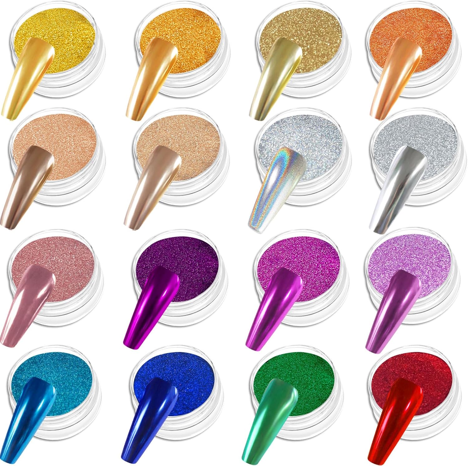 Allstarry Chrome Nail Powder Kit - 16 Colors Metallic Mirror Effect Pigment Powder Magic Glitter Dust for Gel Polish Nail Art Decoration with 16 Sponge Sticks-BrightBean Baby