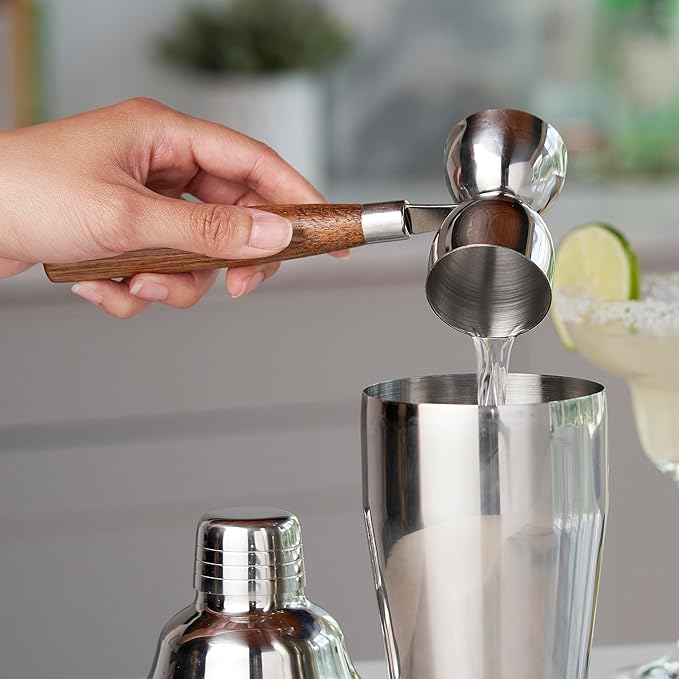 True Double Jigger with Acacia Handle, Bar Supplies, Drink Tools, Craft the Perfect Cocktails, 1oz & 1.25oz Capacities, Stainless Steel