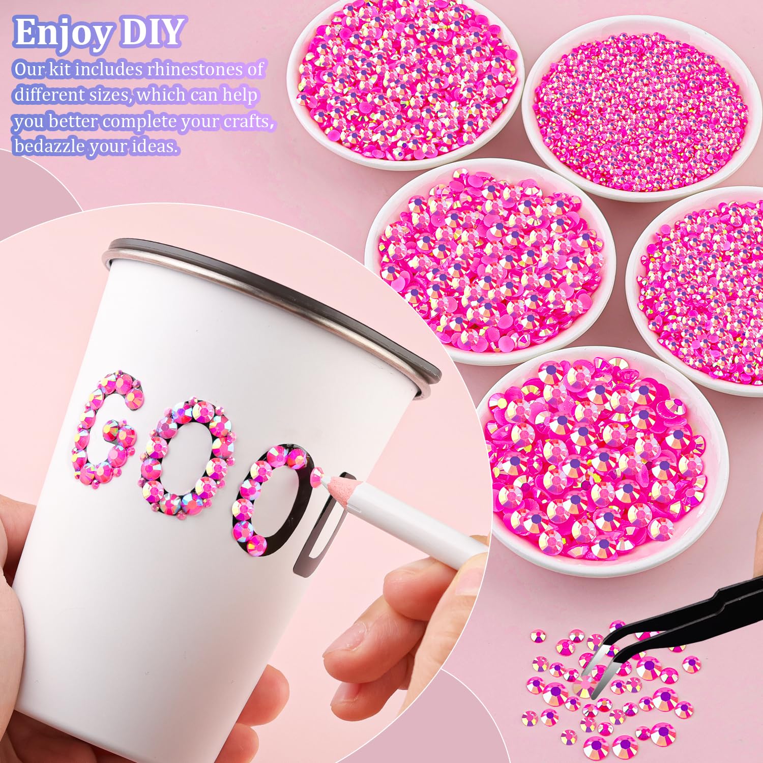 25000Pcs Resin Jelly Rhinestones with Tweezers for Crafting, Hot Pink AB 2-6mm Mixed Sizes Non Hotfix Flatback Gems, Bedazzling Crystal for DIY Crafts Clothing Tumblers Mugs Shoes Decor Nail Art-BrightBean Baby