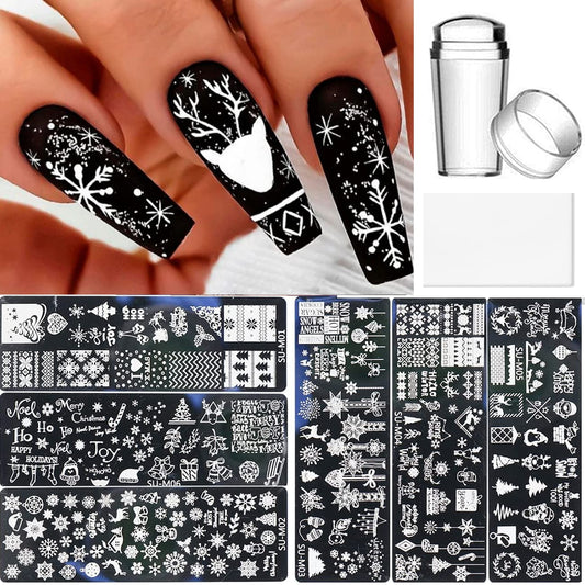 6 Pcs Xmas Christmas Snowflake Nail Stamper Kit with 1 Stamper 1 Scraper, DIY Nail Art Stencil Plates Set-BrightBean Baby
