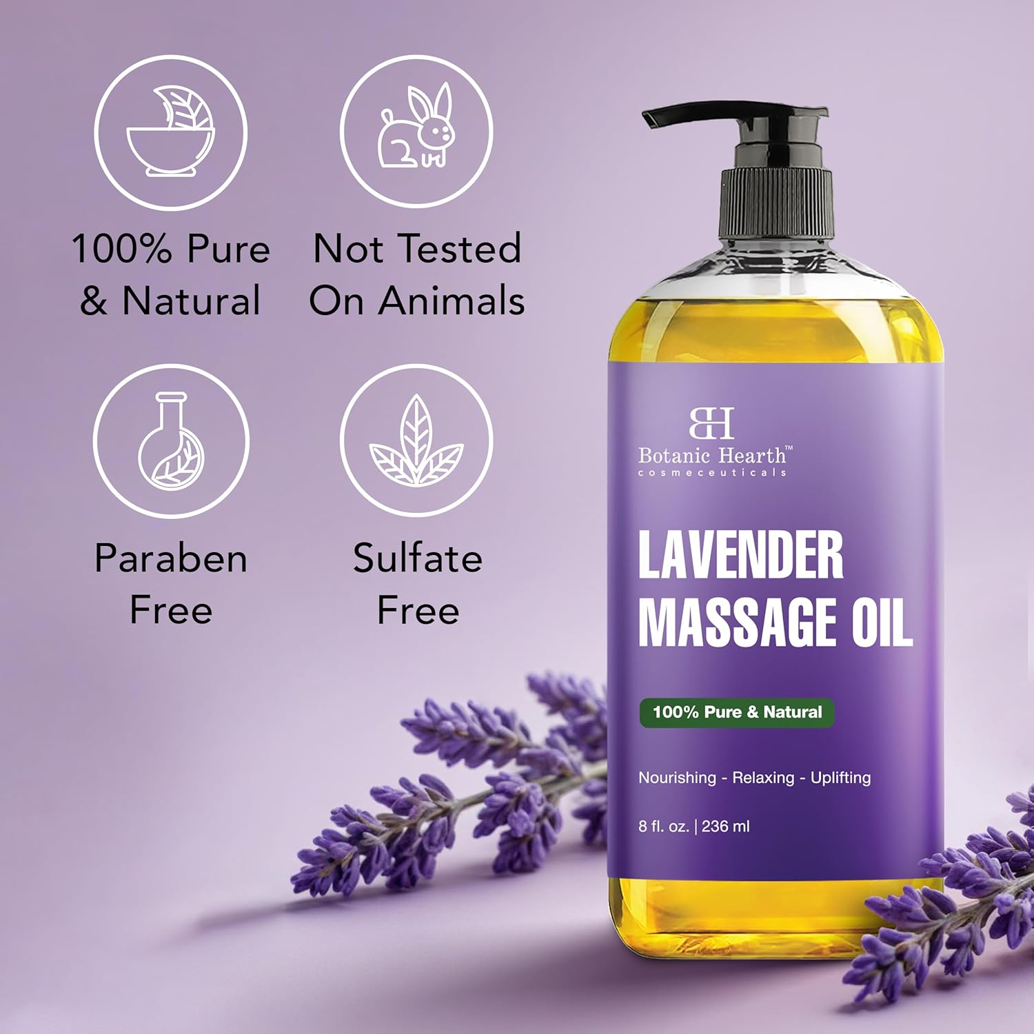 Lavender Massage Oil with Pure Lavender Oil (8 Fl Oz) Skin Tightening Massage Oil for Massage Therapy and Instant Absorption for Bum Thighs and Belly by Botanic Hearth-BrightBean Baby