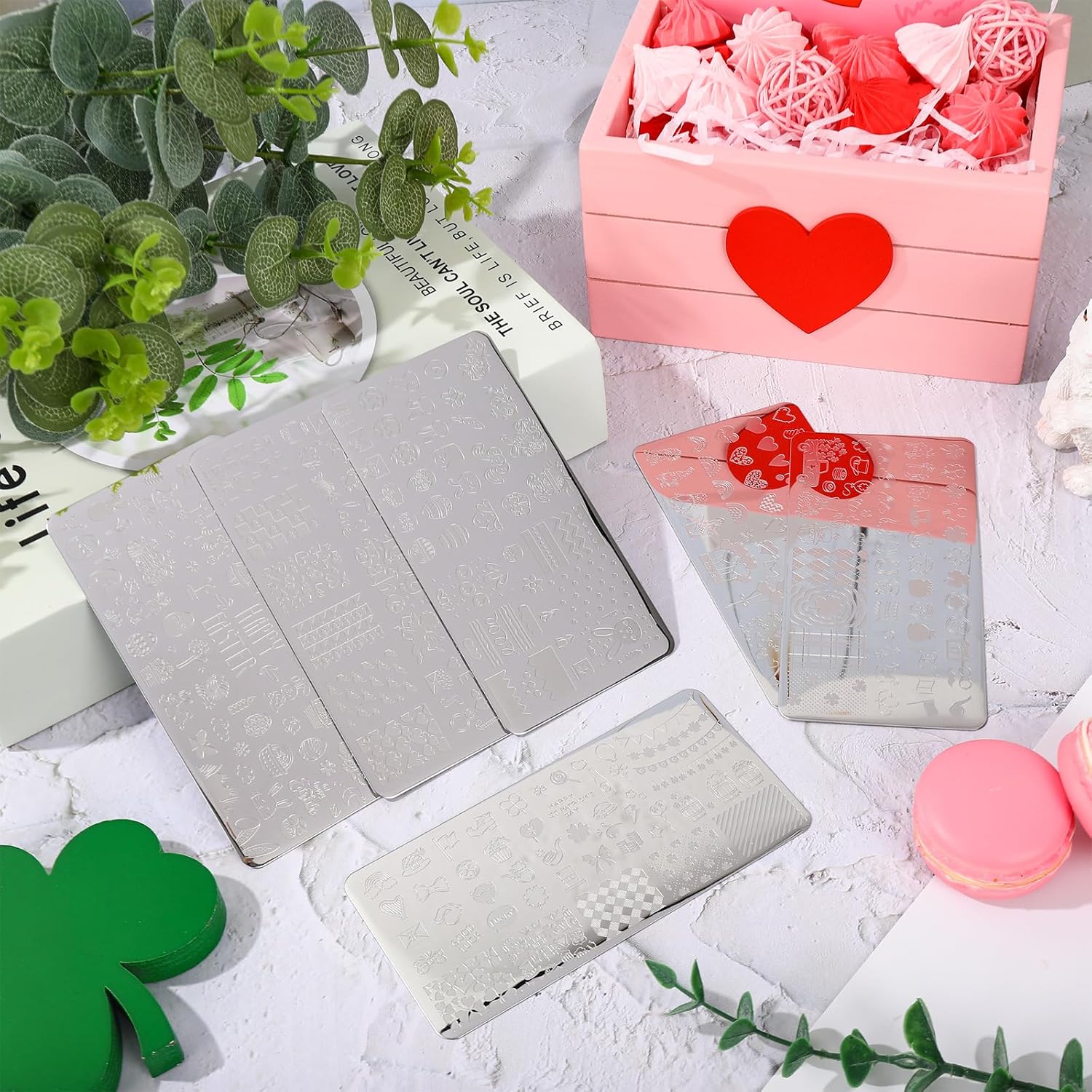 Whaline 6Pcs Valentine's Day St. Patrick's Day Easter Nail Plates Stamping Set Heart Shamrock Egg Stamp Templates Nail Art Plates for DIY Print Manicure Salon Design-BrightBean Baby